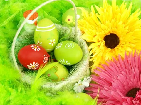 Spring flowers and Easter eggs Stock Photos