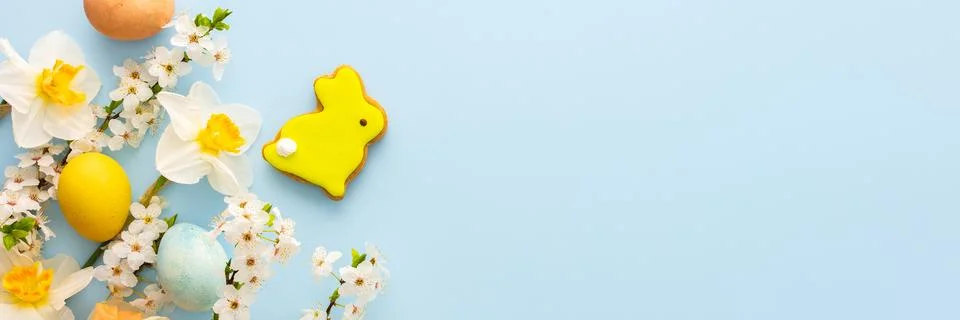 Spring flowers and Easter eggs and bunnies Stock Photos
