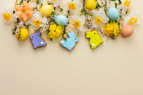 Spring flowers and Easter eggs and bunnies Stock Photos