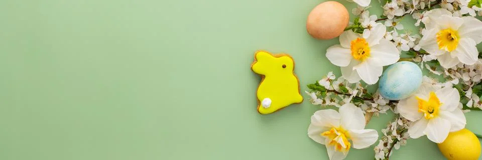 Spring flowers and Easter eggs and bunnies Stock Photos