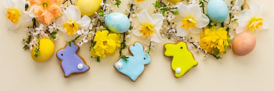 Spring flowers and Easter eggs and bunnies Stock Photos