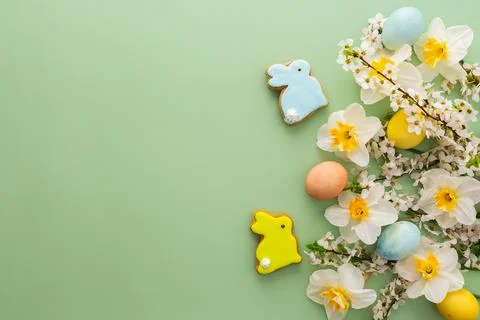 Spring flowers and Easter eggs and bunnies Stock Photos