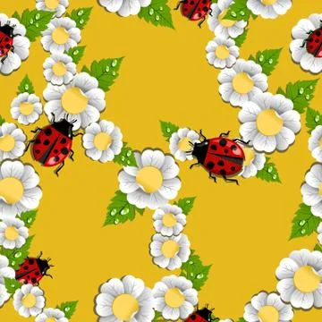 Spring flowers and ladybug pattern Stock Illustration