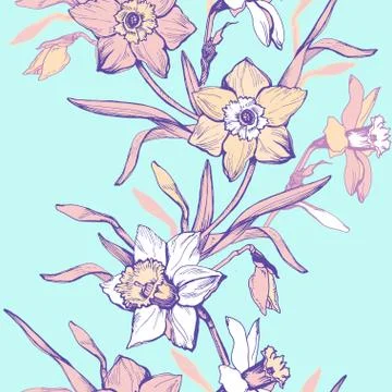 Spring flowers and leaf Daffodil on trendy aqua menthe background. Stock Illustration