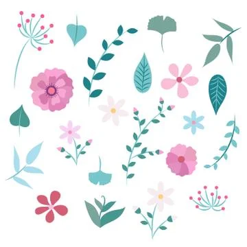 Spring flowers and leaves - different types of flowers and leaves, vector Иллюстрация