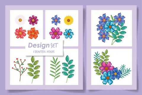 Spring flowers and leaves set vector design Illustrazione stock