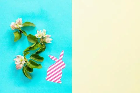 Spring flowers apple-tree trees, Easter bunny on a blue and yellow background. Stock Photos