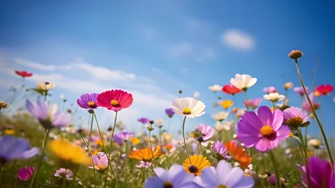 Spring flowers in blue sky, Summer alpine meadow with colorful wildflowers Stock Footage 258564573