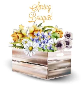 Spring flowers bouquet in a box Vector watercolor. Spring season background.  Stock Illustration