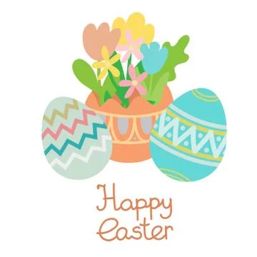 Spring flowers in colored eggs. Flat vector Stock Illustration