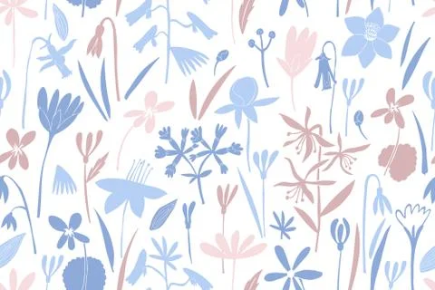 Spring flowers colour seamless vector pattern. Scandinavian style print. Hand Stock Illustration