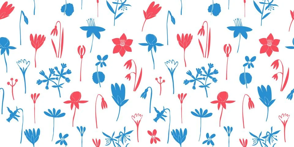 Spring flowers colour seamless vector pattern. Scandinavian style print. Hand Stock Illustration