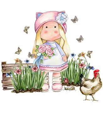Spring flowers composition with a cute Tilda doll, watercolor illustration .. Stock Illustration