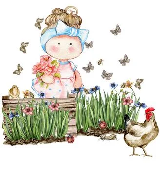 Spring flowers composition with a cute Tilda doll, watercolor illustration .. Stock Illustration
