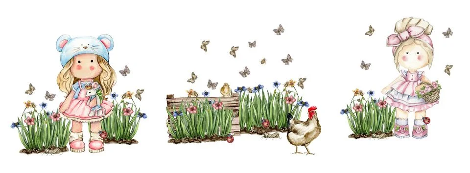 Spring flowers composition set with a cute Tilda doll, watercolor illustratio Stock Illustration