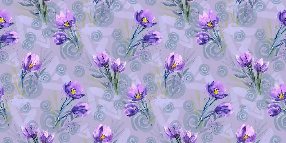 Spring flowers, creative design with crocuses on a powdery purple background イラスト素材