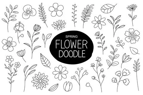 Spring flowers doodle in hand drawn style. Floral and leaves elements with sp Stock Illustration
