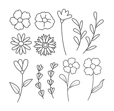 Spring flowers doodle in hand drawn style. Floral and leaves elements colle.. Stock Illustration