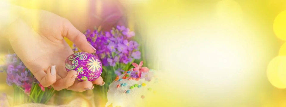 Spring flowers,  Easter cake and easter eggs. Easter colorful  banner. Stock Photos