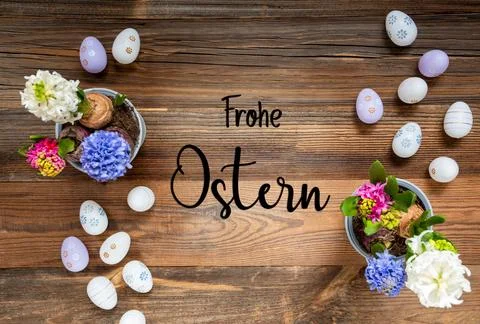 Spring Flowers With Easter Egg Decoration, Frohe Ostern Means Happy Easter Stock Photos