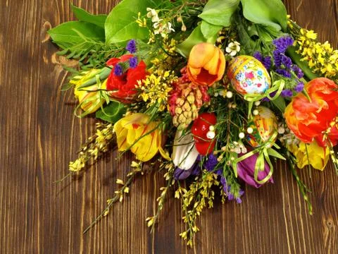 Spring Flowers with Easter Eggs Stock Photos
