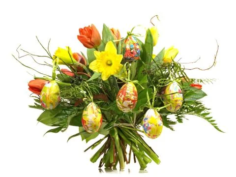 Spring Flowers with Easter Eggs Stock Photos