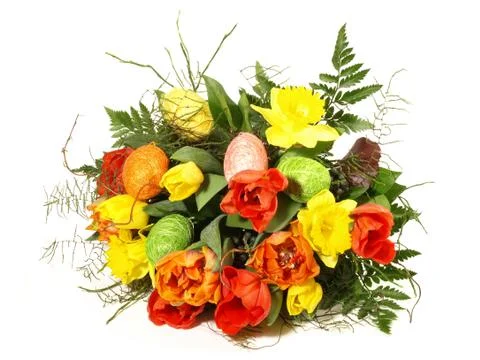 Spring Flowers with Easter Eggs Stock Photos