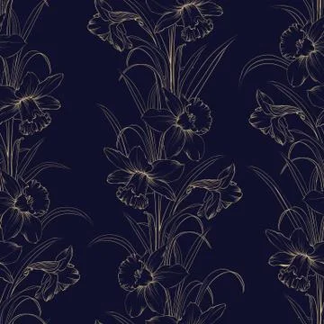 Spring flowers fabric seamless pattern on dark blue background. 스톡 일러스트