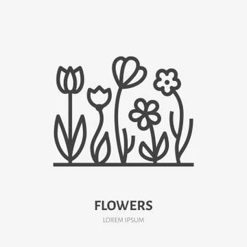 Spring flowers flat line icon. Vector thin sign of gardening, planting, ecology Stock Illustration