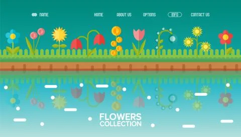 Spring flowers in flat style for website design, garden lawn reflection in water Stock Illustration