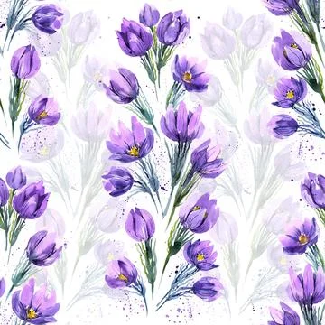 Spring flowers in the form of a pattern, purple creative design with crocuses Stock Illustration