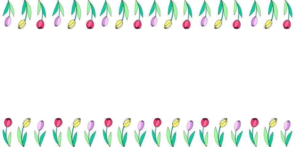 Spring flowers. Frame from red, pink, yellow tulips. Vector horizontal top an Stock Illustration