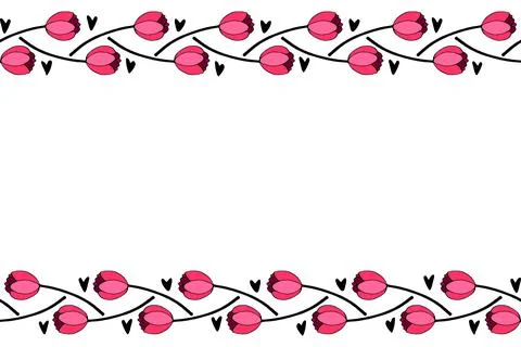 Spring flowers. Frame from red tulips and hearts. Vector hand drawn isolated. 스톡 일러스트