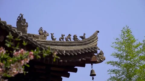 Spring Flowers Framing Historic Chinese Pagoda Roof Stock Footage 346113456