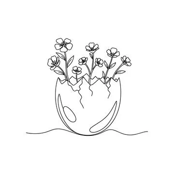 Spring Flowers Growing From Cracked Easter Egg Line Art for Renewal Branding Stock Illustration