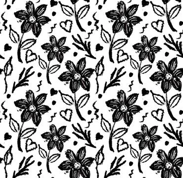 Spring flowers hand drawn pattern. Grunge dry paint brushstrokes on white Stock Illustration
