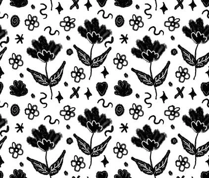Spring flowers hand drawn pattern. Grunge dry paint brushstrokes on white Stock Illustration