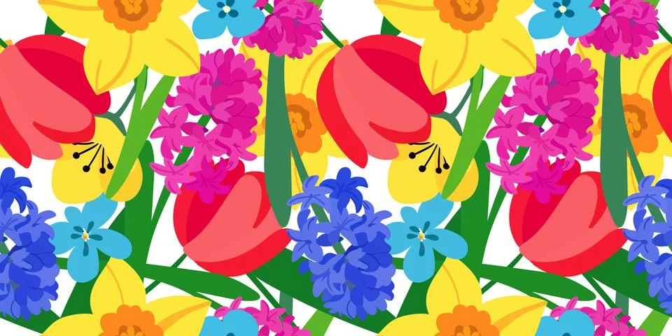 Spring flowers isolated seamless pattern floral design bright daffodils hya.. Stock Illustration