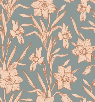Spring flowers narcissus seamless pattern in calm earth tones. Illustrazione stock