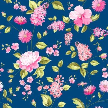 Spring flowers pattern. Blue background Stock Illustration