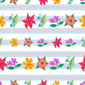 Spring flowers pattern design on striped background Stock Illustration