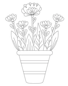 Spring flowers in a pot. Vector drawing. Black line, outline. White background.  Stock Illustration