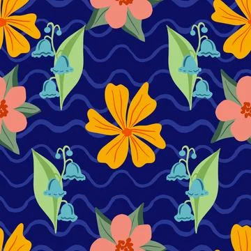 Spring flowers repeating pattern on blue wavy background Stock Illustration