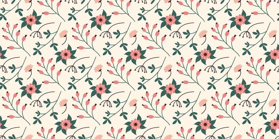 Spring flowers seamless Pattern in flat style. Summer meadow leaves design... 스톡 일러스트