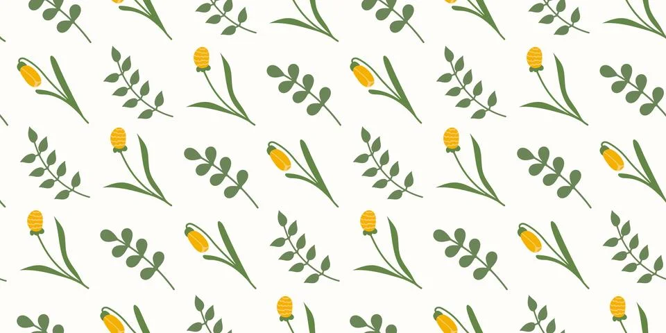 Spring flowers seamless Pattern in flat style. Girly Summer meadow leaves d.. 스톡 일러스트