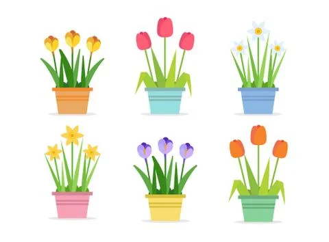 Spring flowers - set of vector illustrations in flat style with different Illustration