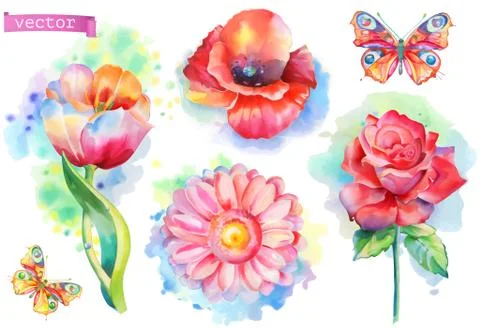 Spring flowers set. Watercolor vector Stock Illustration