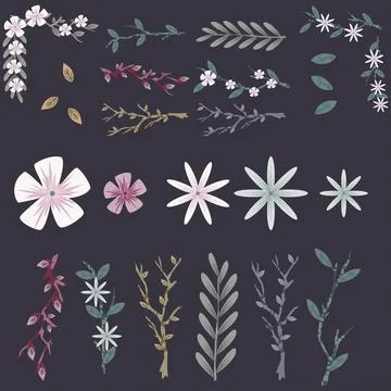 Spring flowers, tree branches and leaves doodle vector set. Stock Illustration