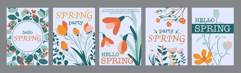 Spring flowers typography template posters. Vertical covers with beautiful co Stock Illustration