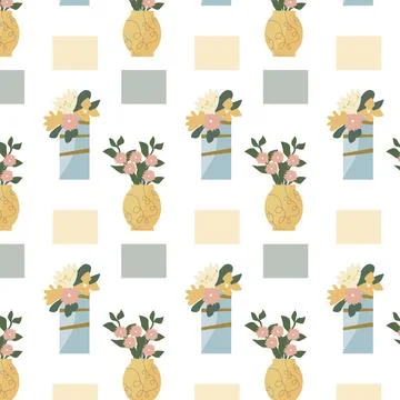 Spring flowers in vase and simple shapes pattern Illustrazione stock